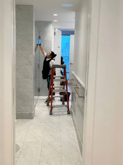 Cleaner dusting from a ladder